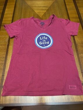 Life Is Good Raspberry V‑Neck Logo Tee